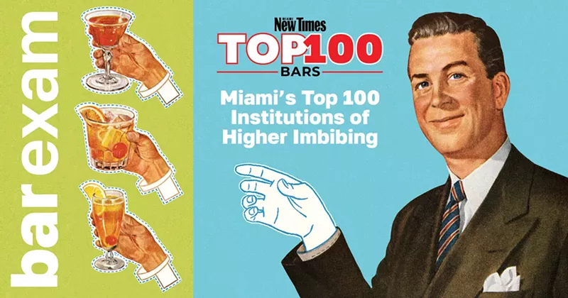 Image: Top 100 Bars 2025 teaser graphic featuring a midcentury businessman-type dude with a paper doll tab where his hand should be and three different types of cocktails that a reader might "fill in" that tab with