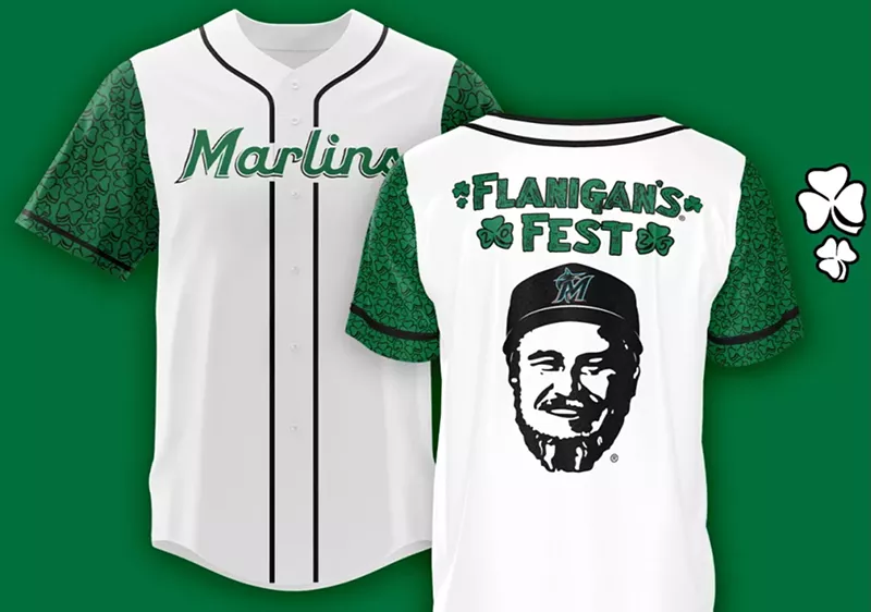 Image: Miami Marlins graphic showing green and white "Flanigan's Fest" jersey, front and back views