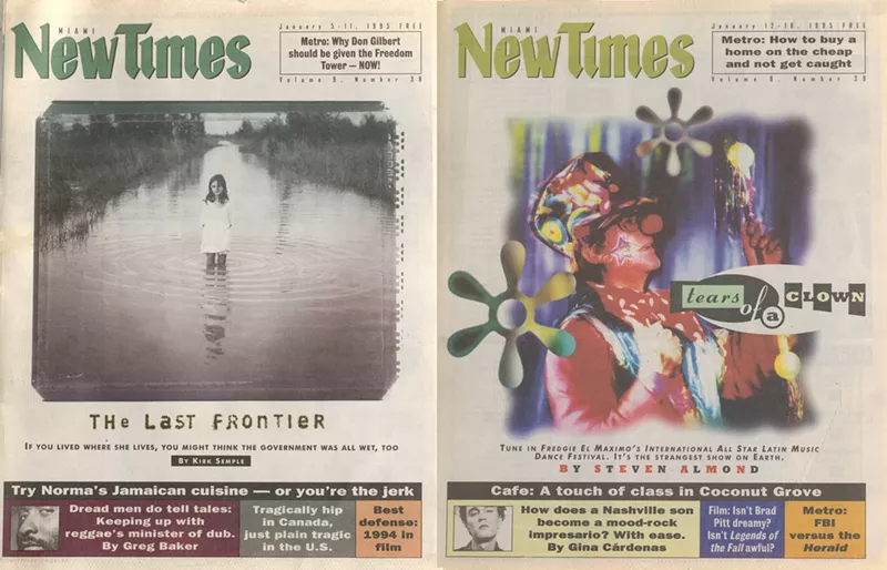 Image: two 1990s covers of an alternative weekly newspaper presented side by side
