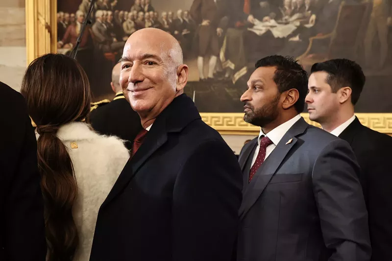 Image: Founder of Amazon and Blue Origin Jeff Bezos and Kash Patel, President Trump's nominee for FBI director, depart inauguration ceremonies in the Rotunda of the U.S. Capitol on January 20, 2025 in Washington, D.C.
