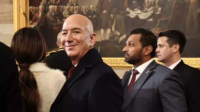 Founder of Amazon and Blue Origin Jeff Bezos and Kash Patel, President Trump's nominee for FBI director, depart inauguration ceremonies in the Rotunda of the U.S. Capitol on January 20, 2025 in Washington, D.C.