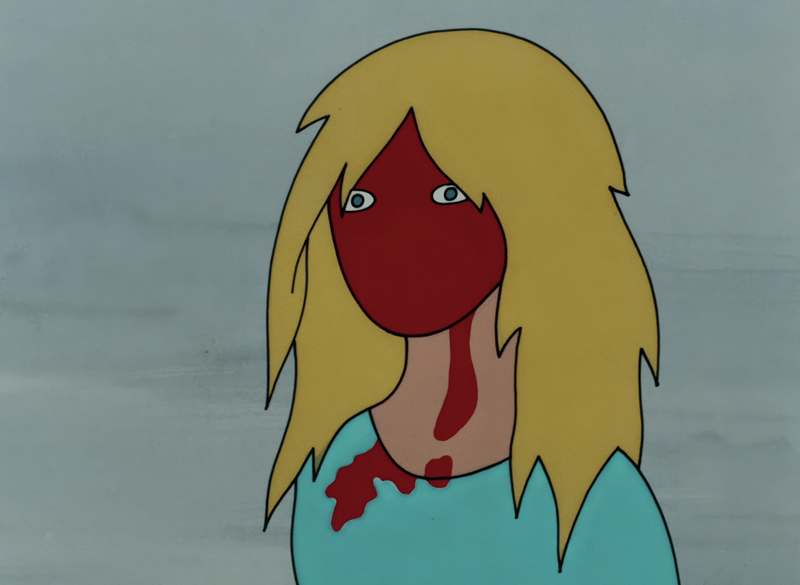 Image: a cartoon of a blonde girl with blood on her face