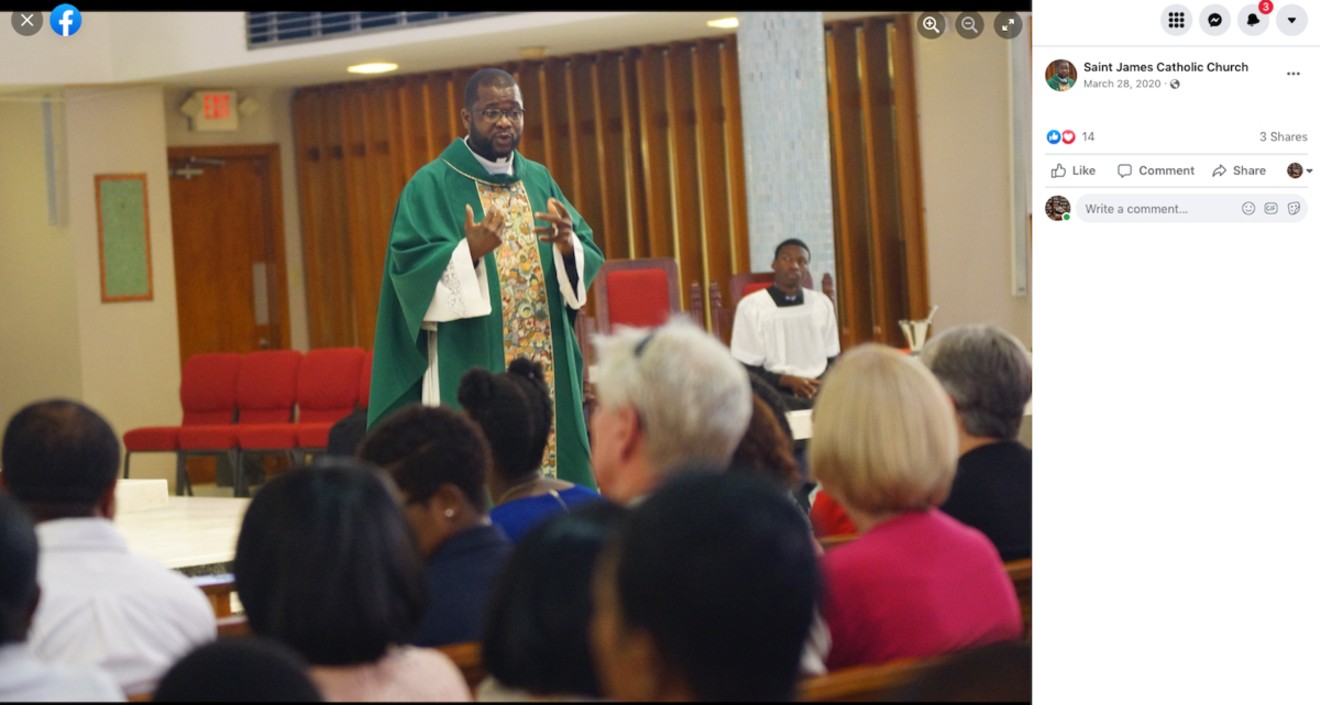 Monsignor Chanel Jeanty in a photo published to the St. James Catholic Church Facebook page on March 28, 2020.