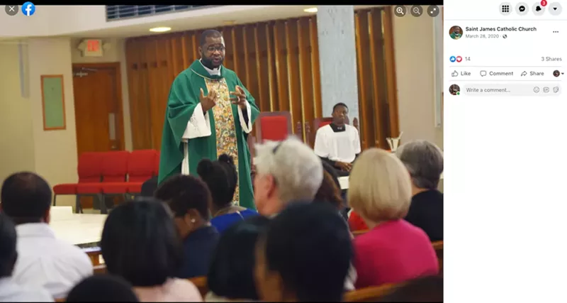 Image: Monsignor Chanel Jeanty in a photo published to the St. James Catholic Church Facebook page on March 28, 2020.