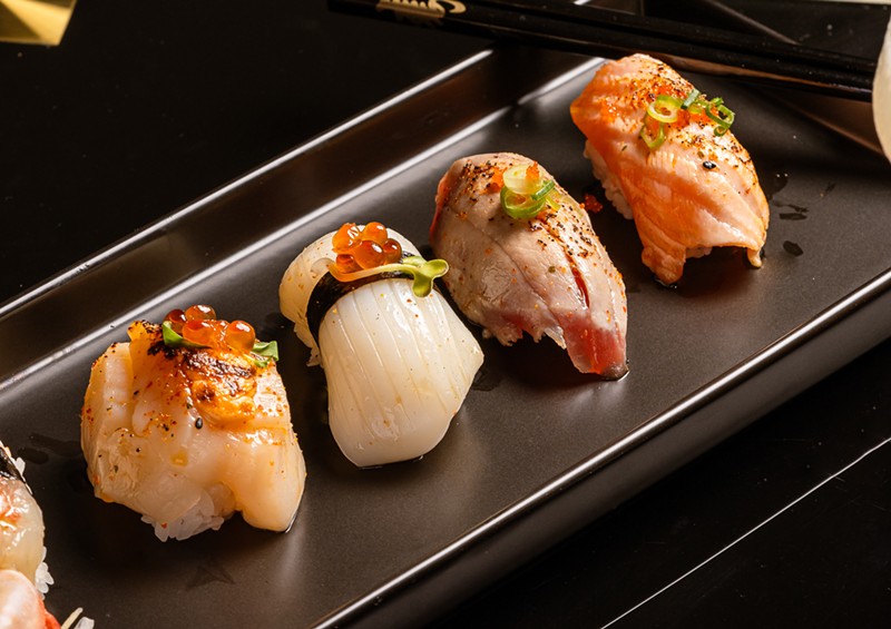 A fresh selection of nigiri, including a Wagyu beef nigiri dish, is available at Sushi Korner inside of the Nautilus Sonesta Miami Beach.