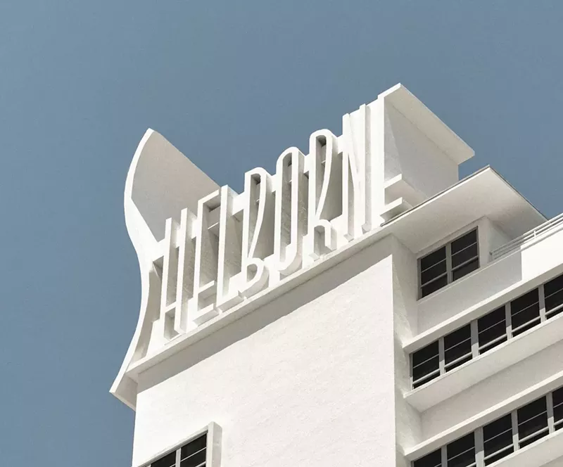 Image: the logo facade of the Shelborne hotel in Miami Beach