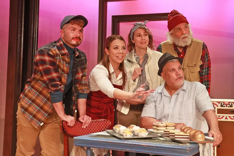 Image: Conor Walton, Melissa Ann Hubicsak, Elizabeth Price, Michael Gioia, and JL Rey take in the symbolism of a red bird in Sweet Goats and Blueberry Señoritas at Actors’ Playhouse at the Miracle Theatre.