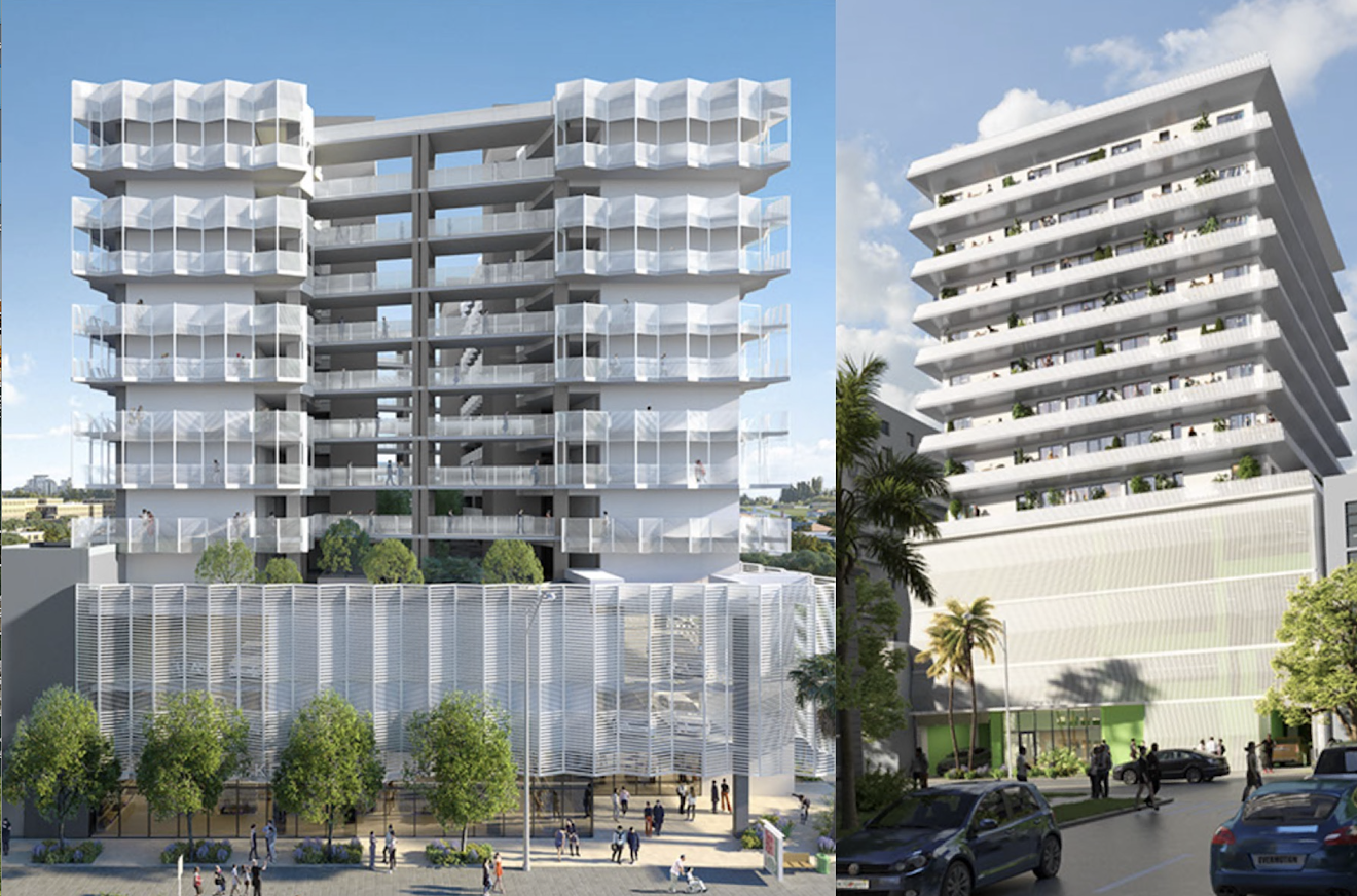 Proposed designs for Little River Plaza (left) and Biscayne House (right)