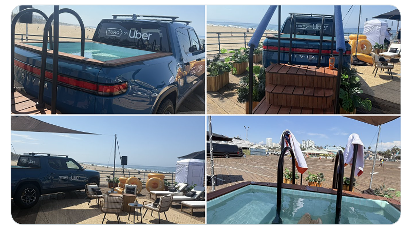 Image: a collage of four images showing different angles of a pool inside the bed of a truck