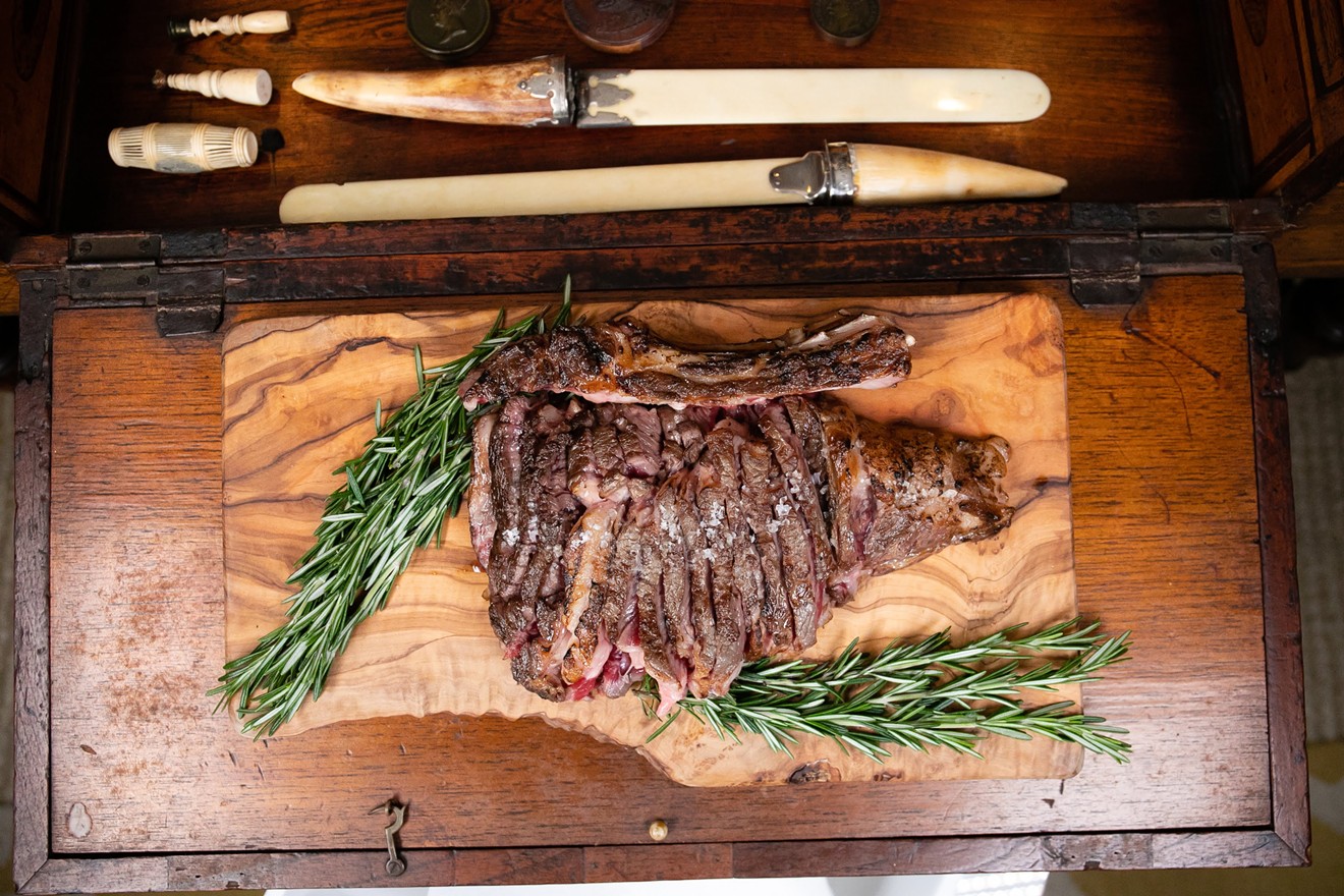 The Organic Beef Tomahawk Steak will be cooked on a traditional Basque grill in the courtyard at Leku.