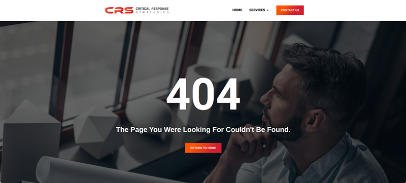 Image: A screenshot shows a "404" error message where the "Our Leaders" page once lived on the website for Critical Response Strategies, a Jacksonville-based firm awarded a $78 million contract for security and support services at the site.