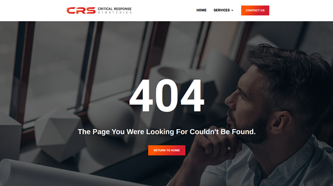 A screenshot shows a "404" error message where the "Our Leaders" page once lived on the website for Critical Response Strategies, a Jacksonville-based firm awarded a $78 million contract for security and support services at the site.