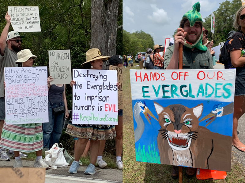 Image: People hold signs protesting against Alligator Alcatraz in the Everglades