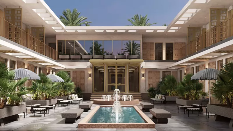 Image: rendering of a couryard and water fountain at a luxury airport terminal