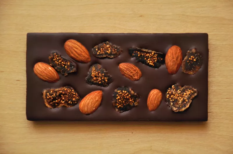 Image: A fig and almond chocolate bar from Anacacao.