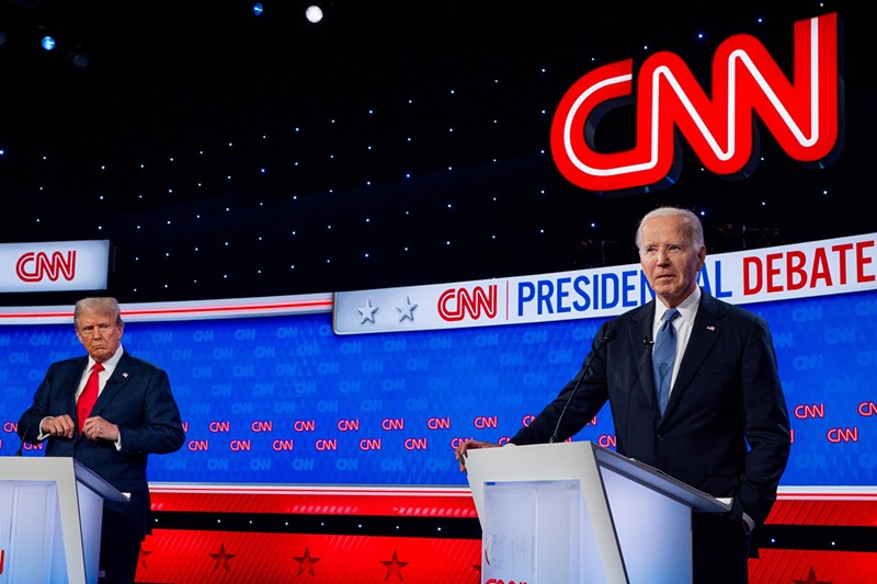Donald Trump and President Joe Biden square off during the CNN Presidential Debate on June 27, 2024 in Atlanta, Georgia.