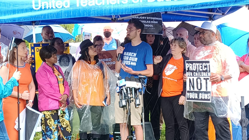 Image: Parkland shooting survivor and March for Our Lives cofounder David Hogg (center) speaks outside Marco Rubio's Miami office on Friday, June 3, 2022.
