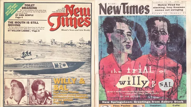 Images of two Miami New Times covers, one showing a speedboat, the other an illustration by Robert Andrew Parker, from the paper's archives