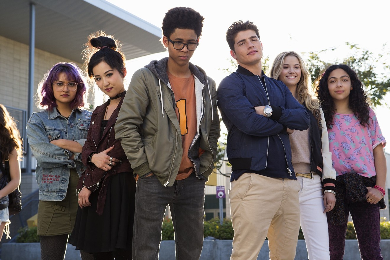 The cast of the lavish new superhero series Runaways includes (from left) Ariela Barer, Lyrica Okano, Rhenzy Feliz, Gregg Sulkin, Virginia Gardner and Allegra Acosta.