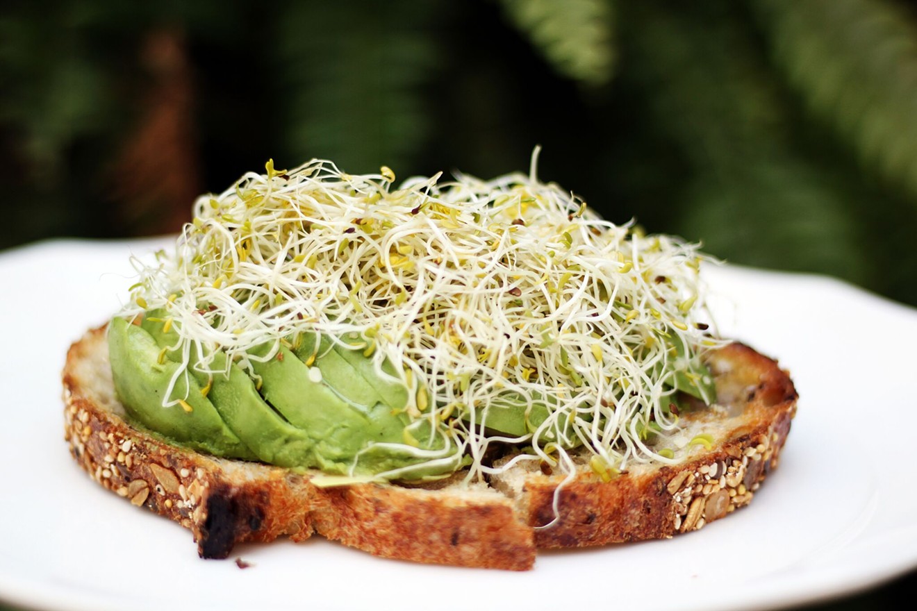 Avocado toast topped with pink salt, olive oil, hemp seeds, and sprouts.