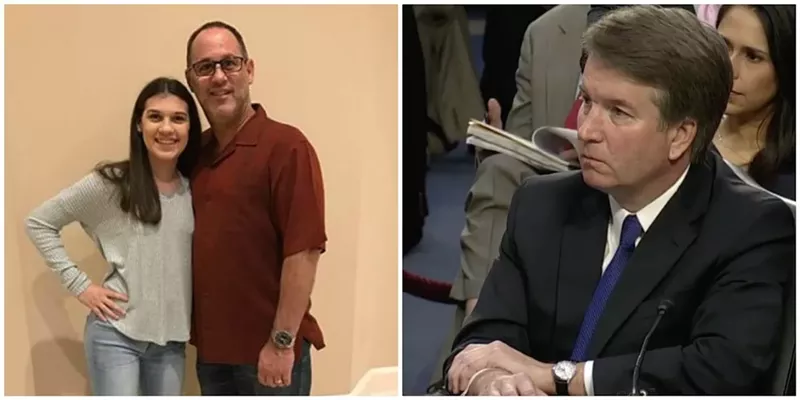 Image: Fred Guttenberg (left), whose daughter Jaime was killed in the Parkland massacre, tried to shake Brett Kavanaugh's hand at his Supreme Court hearing today and was rebuffed.
