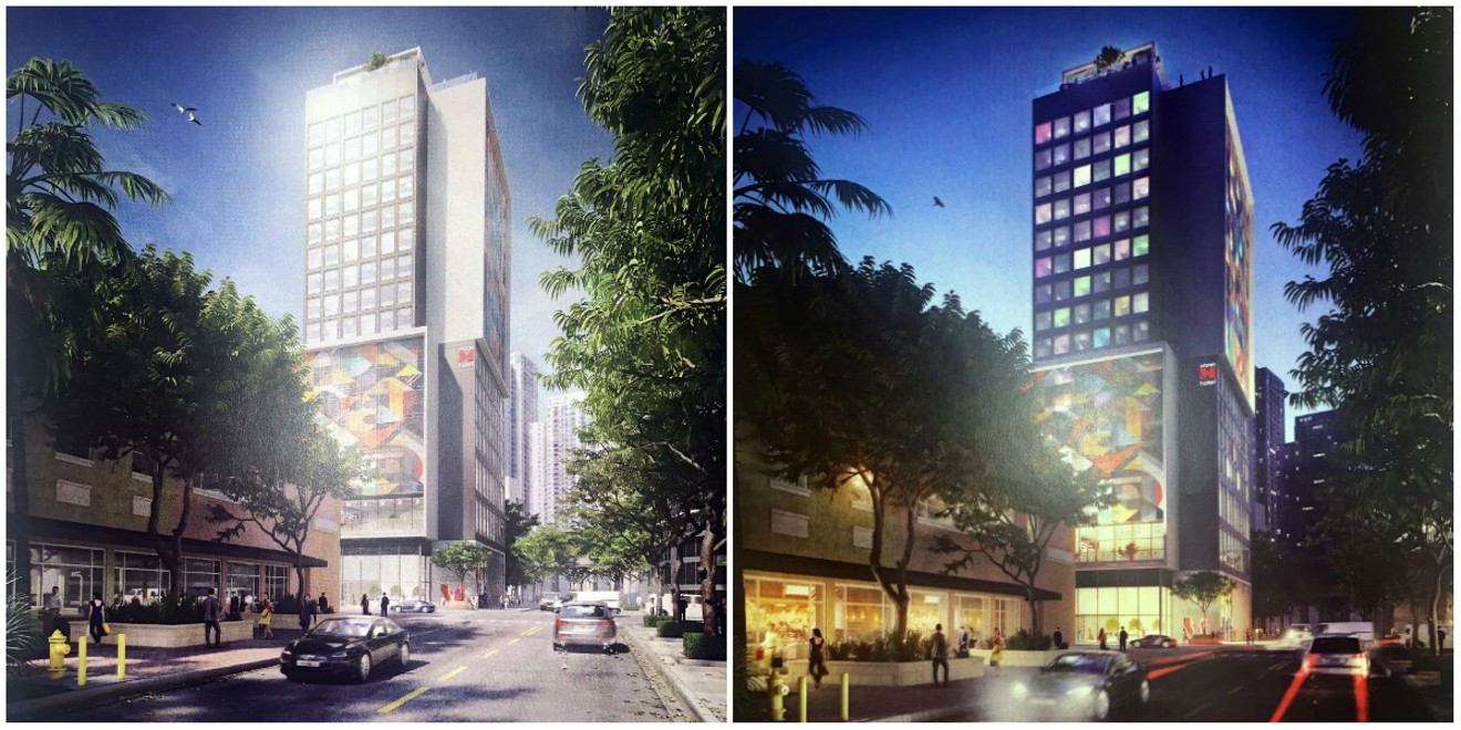 Visualizations of the midrise hotel during the day (left) and at night.