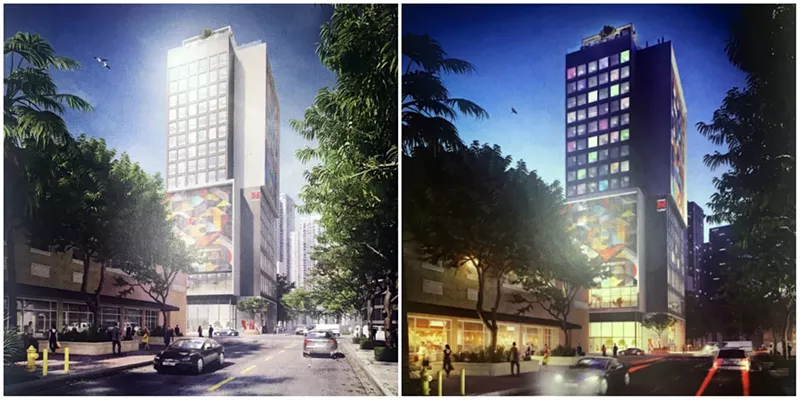 Image: Visualizations of the midrise hotel during the day (left) and at night.