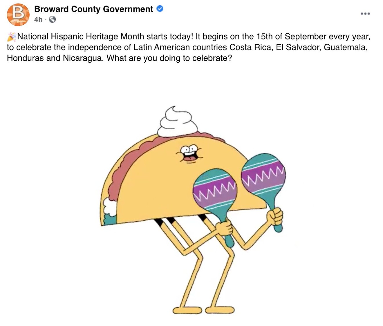 On the first day of Hispanic Heritage Month, the Broward County Government pages on Twitter and Facebook posted an ethnically insensitive gif, inviting ire from South Florida Latinos.