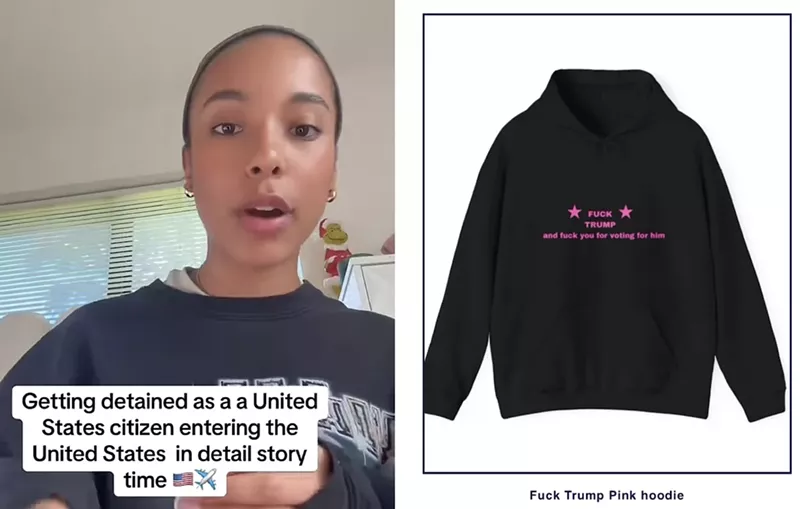 Image: A photo of a young TikToker alongside a photo of a hoodie with the slogan "FUCK TRUMP, and fuck you for voting for him."