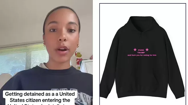A photo of a young TikToker alongside a photo of a hoodie with the slogan "FUCK TRUMP, and fuck you for voting for him."