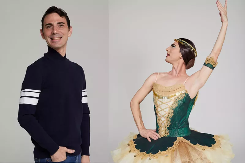 Image: Photo of Alejandro Gonzalez Rodriguez standing in a blue turtleneck next to a photo of Rodriguez in costume