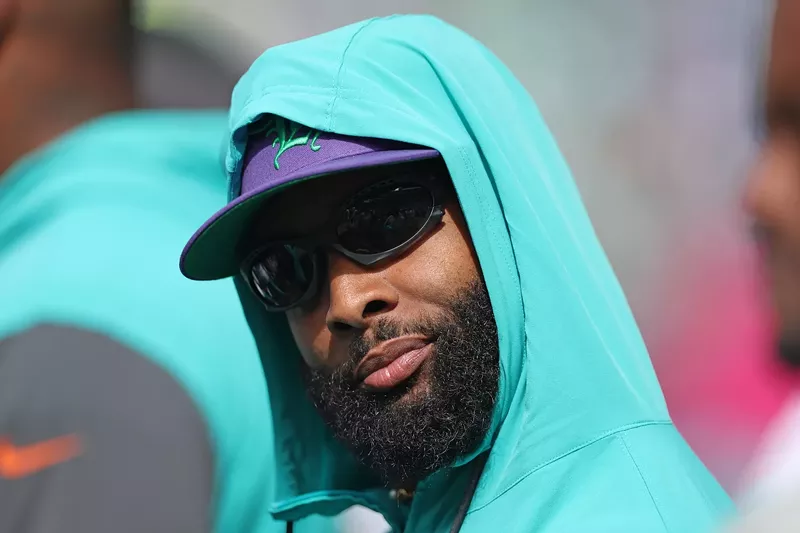 Image: Odell Beckham Jr. #3 of the Miami Dolphins looks on from the sidelines during the game against the Seattle Seahawks at Lumen Field on September 22, 2024, in Seattle