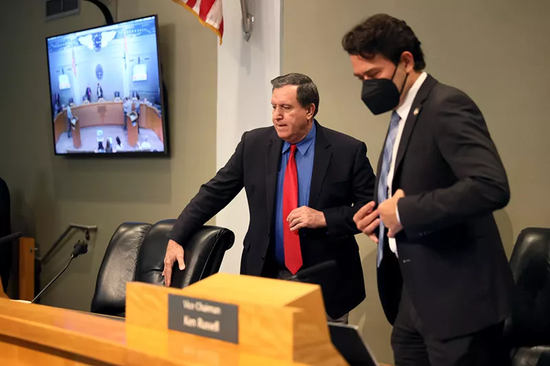 Image: City of Miami Commissioner Joe Carollo (left) at a meeting to decide the future of suspended Miami Police Chief Art Acevedo at City of Miami City Hall on October 14, 2021.