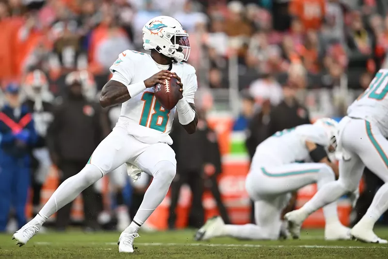 Image: Tyler Huntley #18 of the Miami Dolphins looks to pass against the Cleveland Browns in the first quarter at Huntington Bank Field on December 29, 2024 in Cleveland, Ohio.