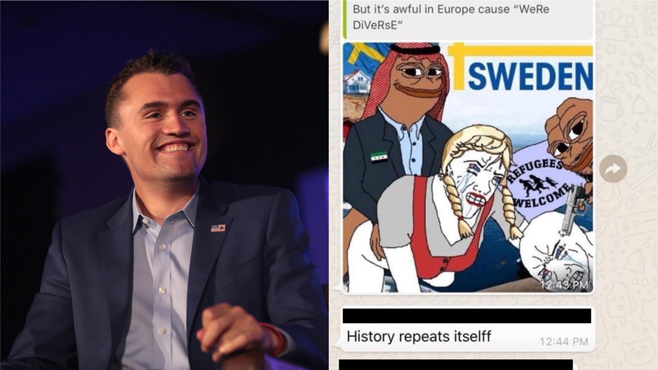 TPUSA founder Charlie Kirk (left) and the group's gross FIU chat (right).