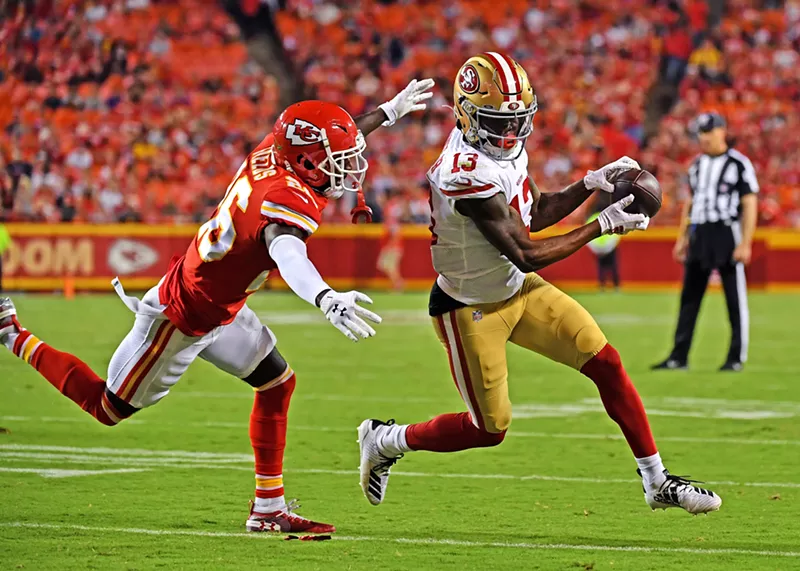 Image: Wide receiver Richie James of the San Francisco 49ers catches a pass against cornerback Mark Fields of the Kansas City Chiefs on August 24, 2019.