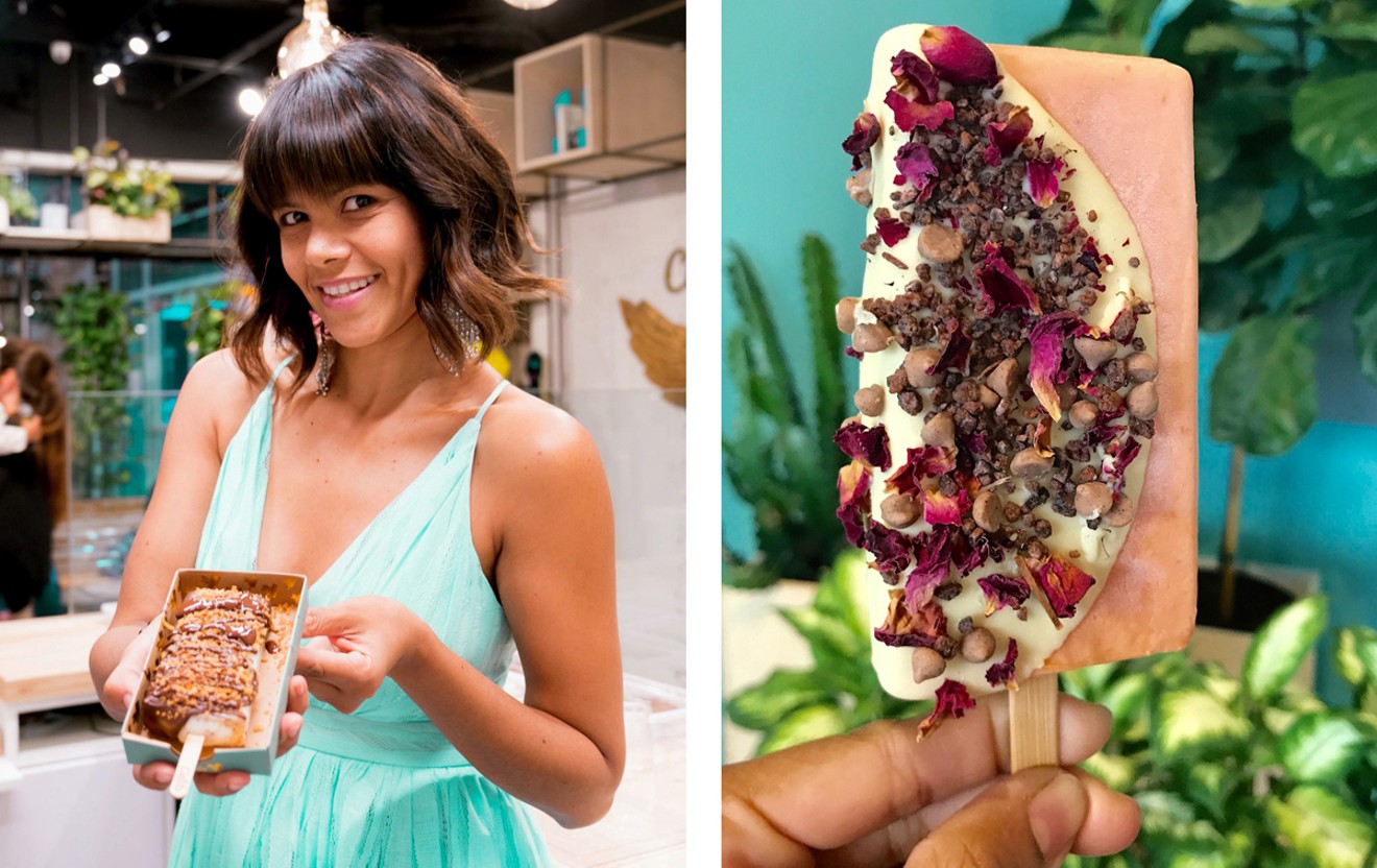 Left: Cielito Artisan Pops cofounder Sindy Posso.  Right: Mamey ice pop dipped in white chocolate and topped with caramelized cocoa nibs, cinnamon drops, and organic rose petals.