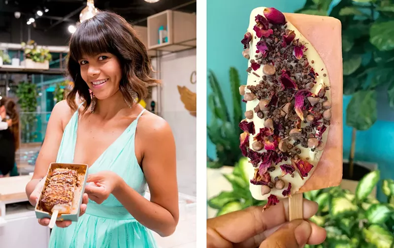 Image: Left: Cielito Artisan Pops cofounder Sindy Posso. Right: Mamey ice pop dipped in white chocolate and topped with caramelized cocoa nibs, cinnamon drops, and organic rose petals.