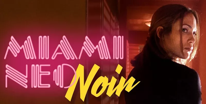 Image: a film still of Jennifer Lopez from 1998's Out of Sight overlayed with neon graphics reading, "Miami Neo-Noir"