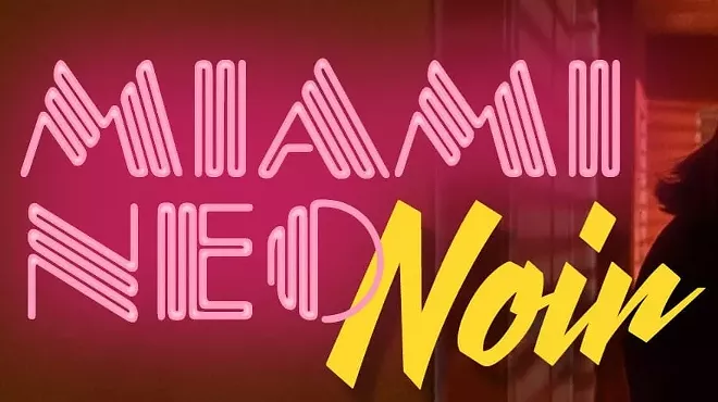 a film still of Jennifer Lopez from 1998's Out of Sight overlayed with neon graphics reading, "Miami Neo-Noir"