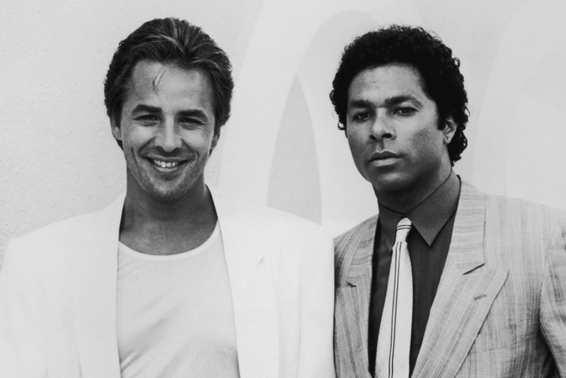 Don Johnson as Sonny Crockett and Philip Michael Thomas as Ricardo Tubbs in NBC's Miami Vice. The iconic show turns 40 this month.