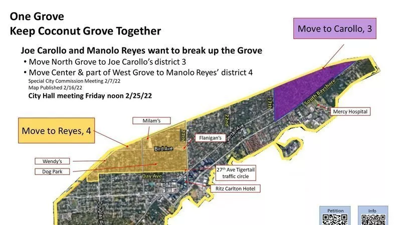Image: The first 2022 redistricting map excised two chunks of Coconut Grove from Commission District 2 and moved them to District 3 (purple) and District 4 (yellow).