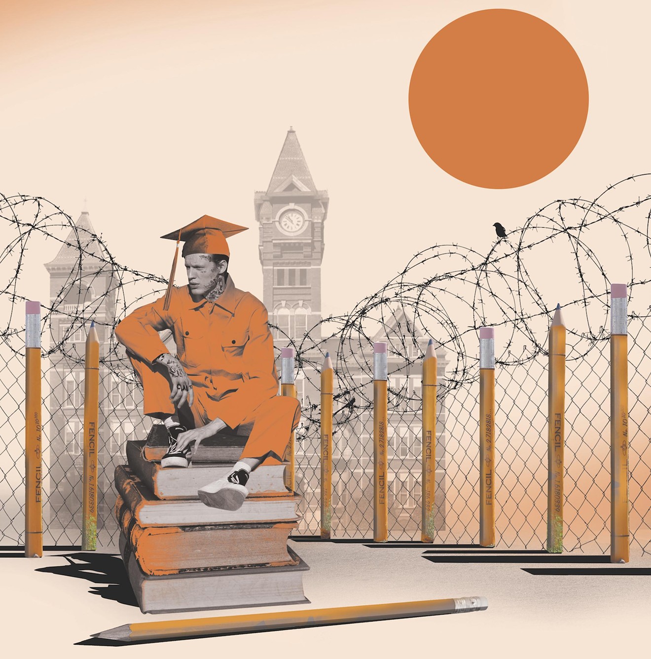 Photo-realistic illustration of an incarcerated man dressed in a prison jumpsuit that doubles as a graduation robe, complete with mortarboard, seated on a stack of textbooks and surrounded by razor-wire fencing. In the distance: a blazing orange sun and a building that looks like a college hall.