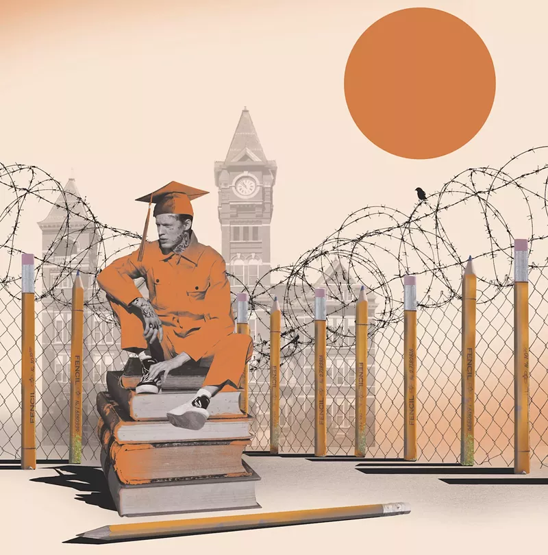 Image: Photo-realistic illustration of an incarcerated man dressed in a prison jumpsuit that doubles as a graduation robe, complete with mortarboard, seated on a stack of textbooks and surrounded by razor-wire fencing. In the distance: a blazing orange sun and a building that looks like a college hall.