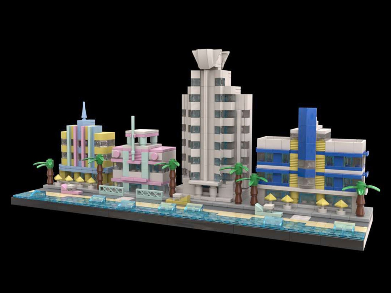 Architect Keith Olsen created a Lego model of South Beach that includes the Marlin Hotel (left), Hilton Grand Vacations at McAlpin-Ocean Plaza, Delano South Beach, and Hotel Breakwater South Beach.