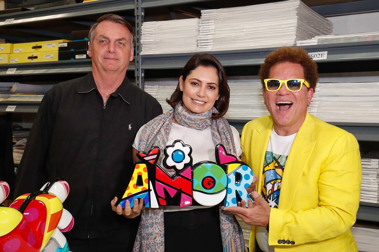Brazilian President Jair Bolsanaro (left) and his wife Michelle visited the Wynwood studio of Romero Britto this past March 8.