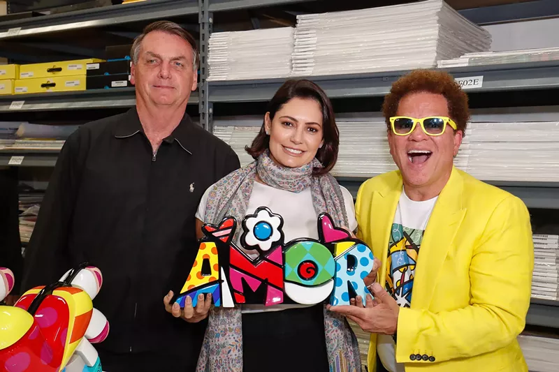 Image: Brazilian President Jair Bolsanaro (left) and his wife Michelle visited the Wynwood studio of Romero Britto this past March 8.