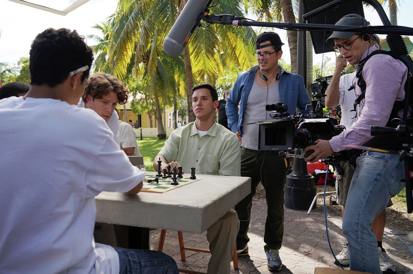 Actors Will Hochman, Jeffry Batista, and John Leguizamo (left to right) shoot Critical Thinking in Miami.