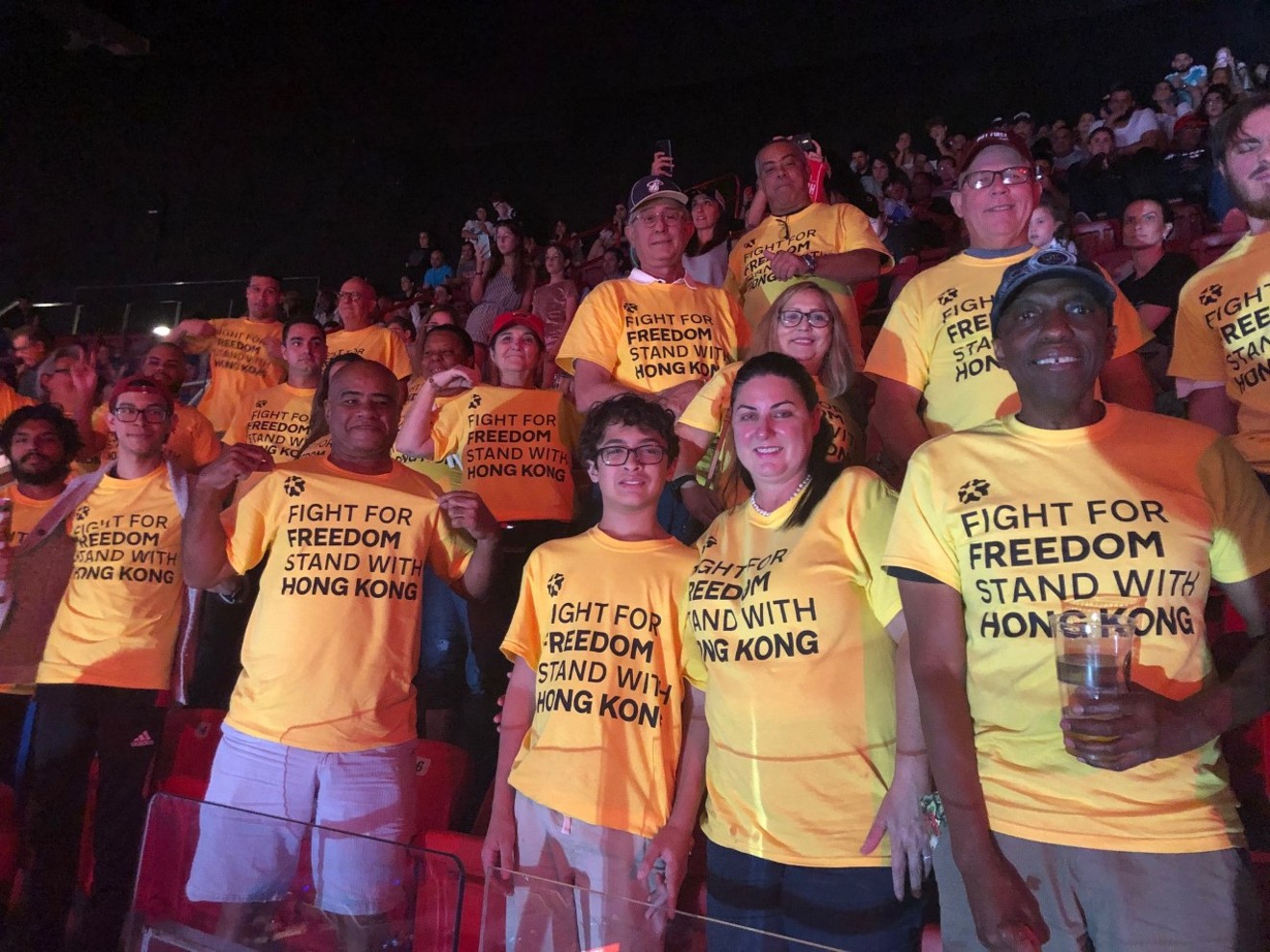 At Sunday's Miami Heat game against the Houston Rockets, a group of demonstrators with the Miami-based Cuban American National Foundation showed support of Hong Kong protesters.
