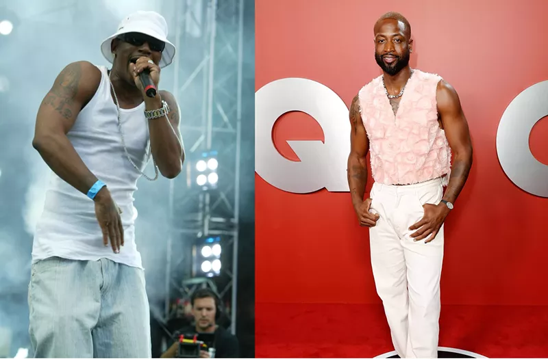 Image: Side-by-side photo of rapper Cam'ron in an undershirt and mic in hand, alongside picture of Dwyane Wade posing in pink top on red carpet
